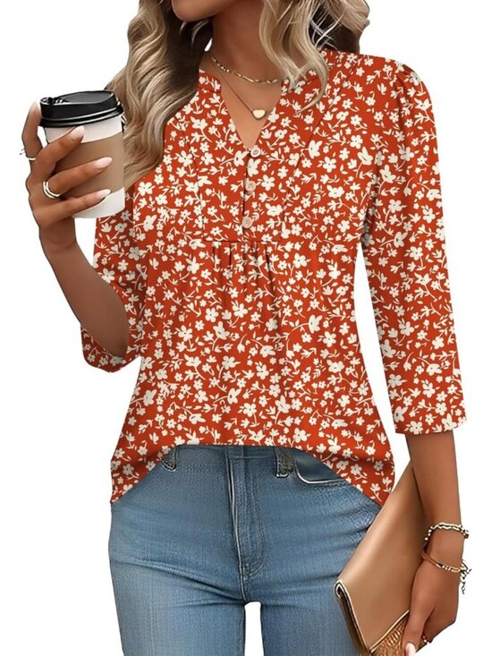 Tops - Women's 3/4 Length Sleeve Tops Dressy Casual Henley V-Neck Tops Red Fragments
